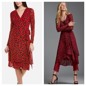 CAbi Siren Wrap Midi Dress Small Red Leopard Animal Print Long Sleeves Chic